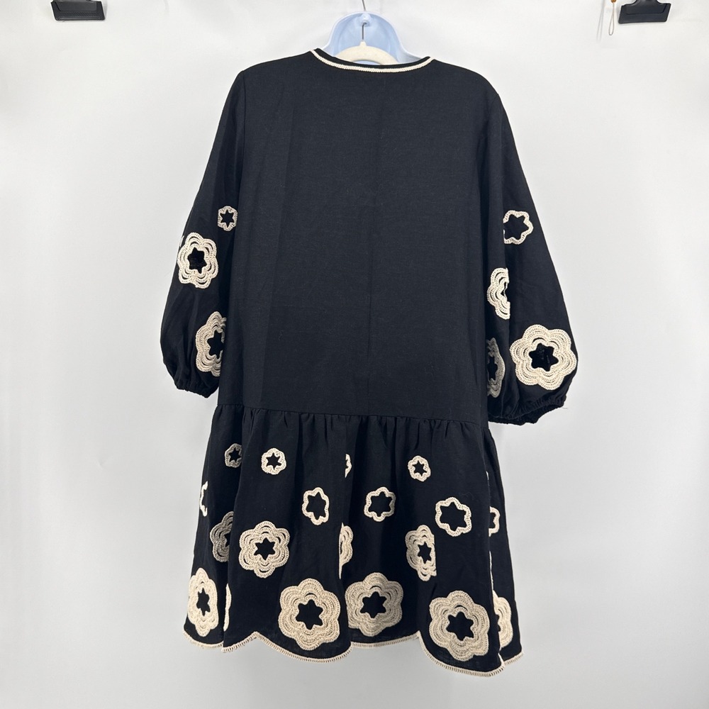Camila Coelho Revolve Black Linen Crochet Embroider Tassel Lace Up Mini Dress M - Picture 7 of 12
